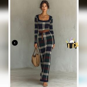 Modesees Minimalist Check Knit Belted Square Neck Maxi Dress- XS
